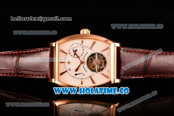 Vacheron Constantin Malte Tourbillon Power Reserve Swiss Tourbillon Manual Winding Rose Gold Case with White Dial Stick Markers and Brown Leather Strap - Click Image to Close